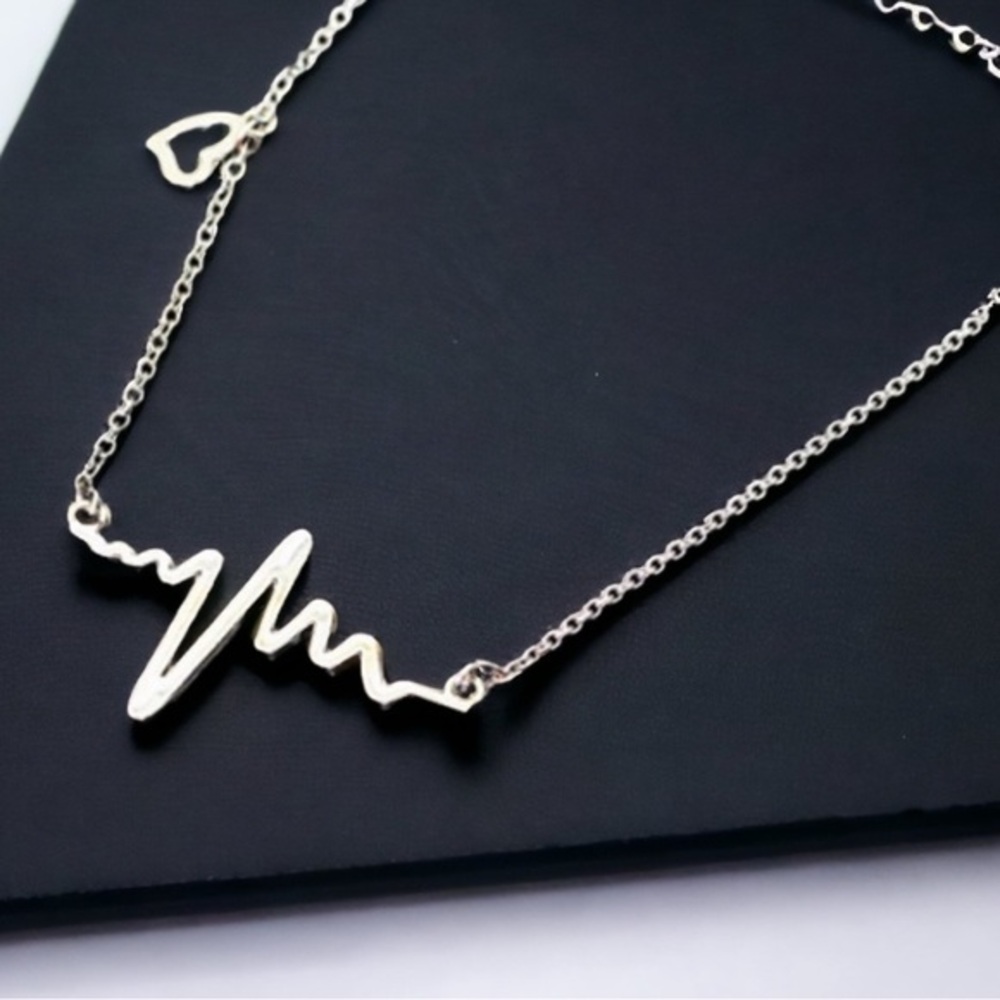 Heartbeat EKG Love Charm Necklace 20” Silver-Tone